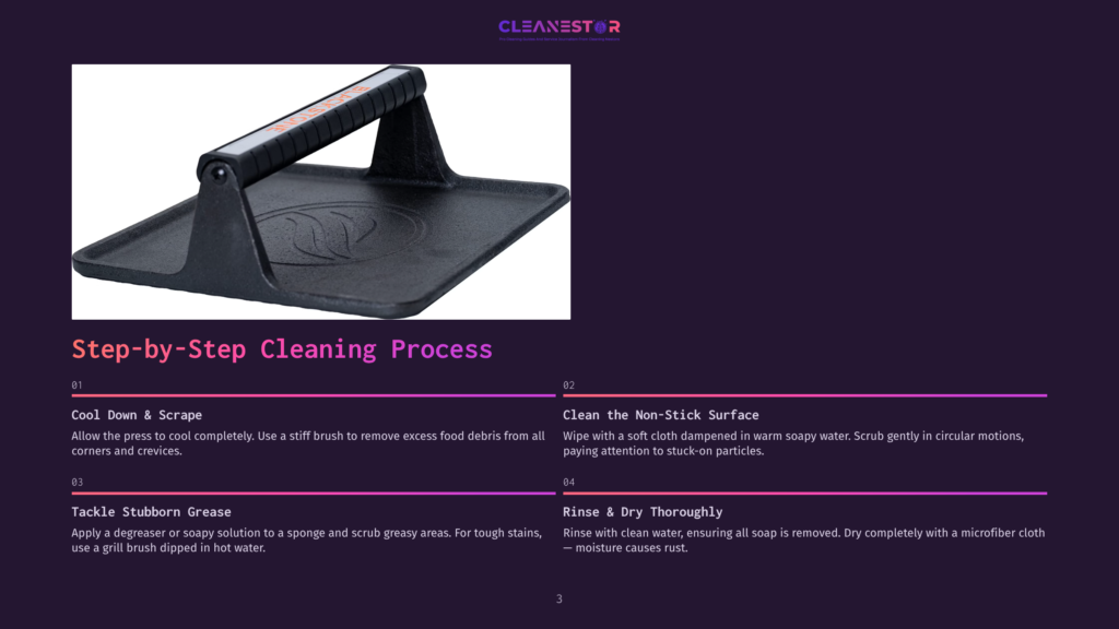 3 Step By Step Cleaning Process 24 Close-Up Of A Black Cast Iron Grill Press With A Black Handle, Featuring The Text &Quot;Cleanestor&Quot; At The Top And &Quot;Step-By-Step Cleaning Process&Quot; Below.