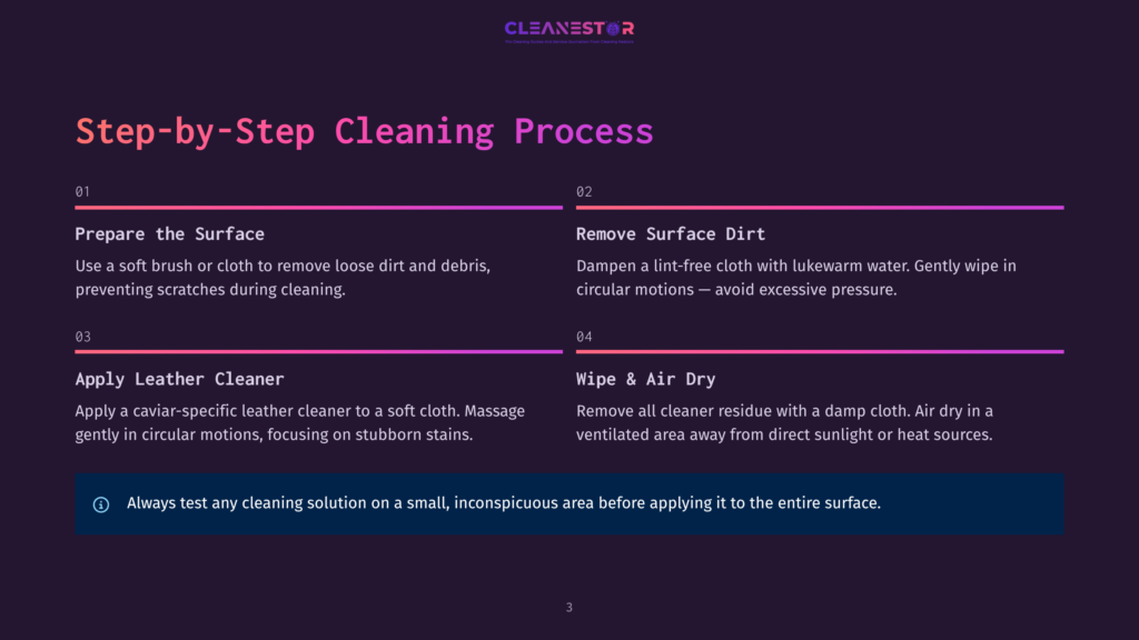 A Step-By-Step Guide On A Dark Purple Background Shows Four Steps For Cleaning A Surface. Step One Involves Preparing The Surface By Removing Dirt With A Soft Brush Or Cloth. Step Two Is To Remove Surface Dirt With A Lint-Free Cloth And Lukewarm Water. Step Three Is To Apply A Leather Cleaner, Focusing On Stubborn Stains, And Step Four Is To Wipe And Air Dry In A Ventilated Area.