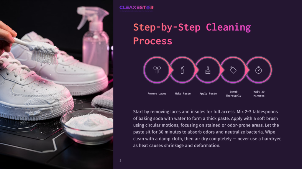 Hand Holding A Brush Cleaning White Sneakers. A Bowl Of Baking Soda And A Spray Bottle Sit On A Black Surface. The Text &Quot;Step-By-Step Cleaning Process&Quot; And Numbered Cleaning Steps Are Displayed In A Colorful Infographic Style.