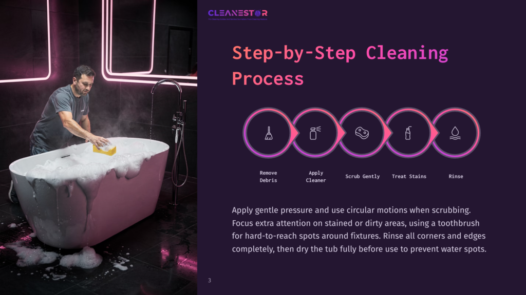 A Man Wearing A Gray Shirt And Jeans Cleans A Pink Bathtub With A Yellow Sponge, With Steam Rising From The Water, Set Against A Modern Bathroom Background With Pink Neon Lighting.