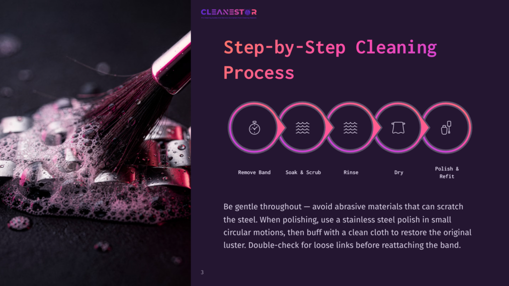 Step-By-Step Cleaning Process For Jewelry, Featuring A Brush With Pink Bristles In Soapy Water Next To A Diagram Showing Remove, Soak, Rinse, Dry, And Polish Stages.