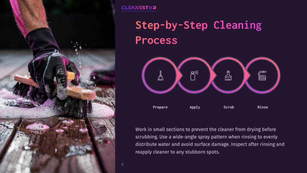 Step-By-Step Cleaning Process Diagram With Icons For Prepare, Apply, Scrub, And Rinse. A Gloved Hand Scrubs A Wet, Foamy Wooden Surface.
