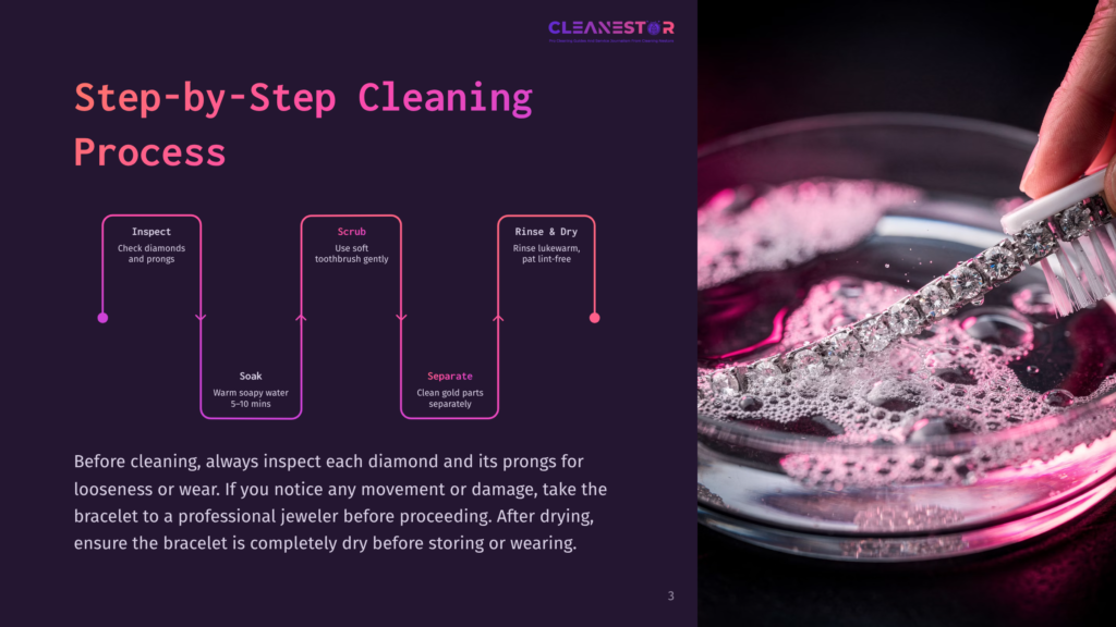 A Close-Up Of A Hand Holding A Toothbrush Over A Bowl Of Water With A Diamond Bracelet In The Background. The Text Reads &Quot;Step-By-Step Cleaning Process&Quot; With Four Steps: Inspect, Scrub, Rinse &Amp; Dry, And Separate.