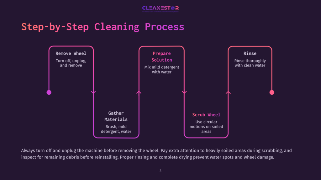 Step-By-Step Cleaning Process Diagram Featuring Three Stages: Removing The Wheel, Preparing The Solution, And Rinsing. Instructions Include Unplugging And Removing The Wheel, Mixing Mild Detergent With Water, And Scrubbing With Circular Motions On Soiled Areas Before Rinsing With Clean Water.