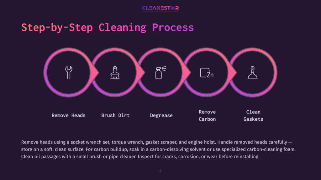 Step-By-Step Cleaning Process Infographic With Icons For Removing Heads, Brush Dirt, Degrease, Remove Carbon, And Clean Gaskets. Text Details The Cleaning Stages.