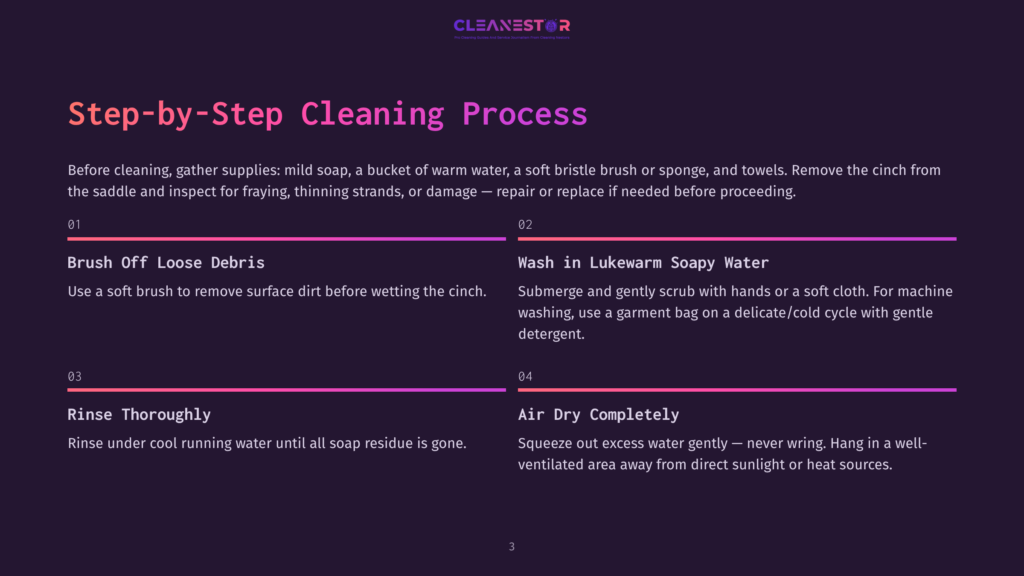 Step-By-Step Cleaning Process For A Saddle, Detailing Steps: Brush Off Loose Debris, Wash In Lukewarm Soapy Water, Rinse Thoroughly, And Air Dry Completely. Cleanestor Logo At The Top.