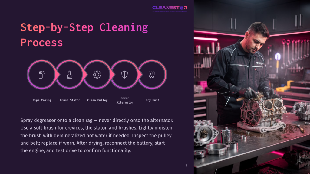 Step-By-Step Cleaning Process For An Alternator. Icons Show Wiping Casing, Brush Stator, Clean Pulley, Cover Alternator, And Dry Unit. A Mechanic Is Shown Cleaning An Engine Part.