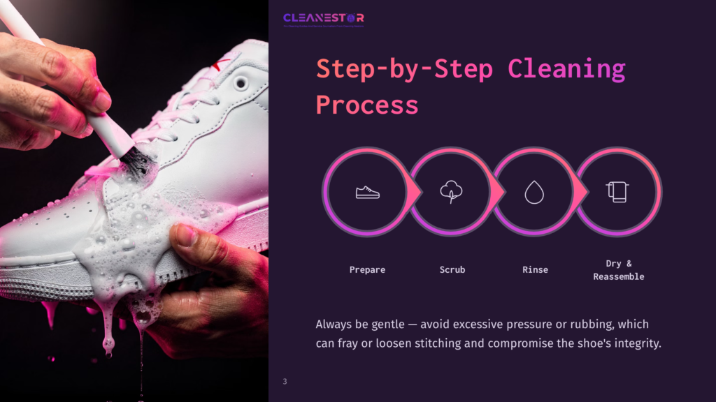 3 Step By Step Cleaning Process 53 Step-By-Step Shoe Cleaning Process With Icons: Preparing, Scrubbing, Rinsing, And Drying. Text Advises Gentle Cleaning To Protect Stitching.