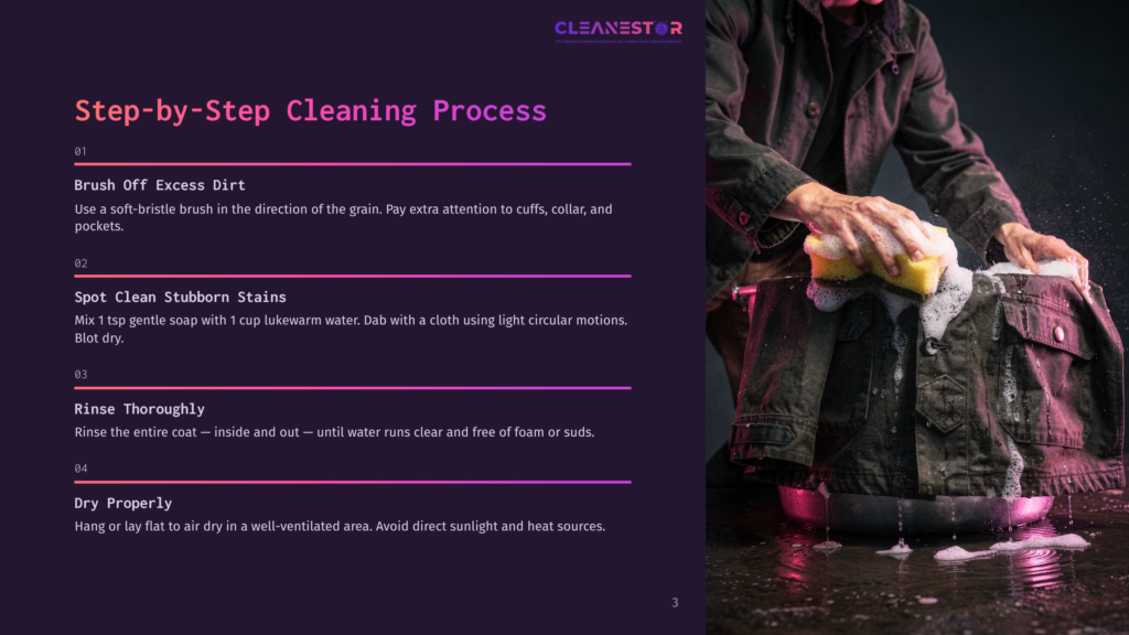 3 Step By Step Cleaning Process 54 A Person Is Cleaning A Dark Jacket With A Yellow Sponge And Soap Suds In A Stainless Steel Sink, With A Step-By-Step Cleaning Process Graphic Overlay.