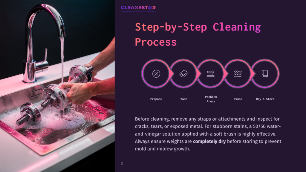3 Step By Step Cleaning Process 59 Hands Washing A Weight In A Sink, With A Step-By-Step Cleaning Process Graphic On The Right. The Graphic Shows Icons For Prepare, Wash, Problem Areas, Rinse, And Dry &Amp; Store.