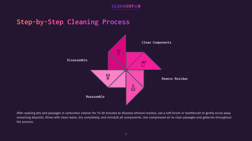3 Step By Step Cleaning Process 66 A Colorful Pinwheel Diagram Illustrates The Step-By-Step Cleaning Process For A Carburetor, Detailing Stages Like Disassemble, Reassemble, Clean Components, And Remove Residue. Text At The Bottom Provides Instructions.