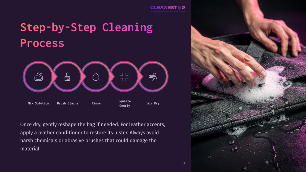 Infographic Illustrating A Step-By-Step Cleaning Process For Leather Goods, Showing Icons For Mixing Solution, Brushing Stains, Rinsing, Squeezing Gently, And Air Drying. Text Reads &Quot;Cleanestor&Quot; And &Quot;Step-By-Step Cleaning Process&Quot;.