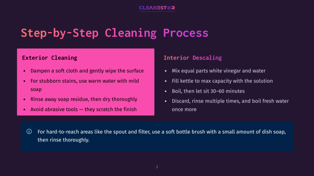 A Step-By-Step Cleaning Process Infographic Shows Exterior Cleaning Steps, Including Using A Damp Cloth And Mild Soap, And Interior Descaling Steps, Like Mixing White Vinegar And Water And Boiling It.