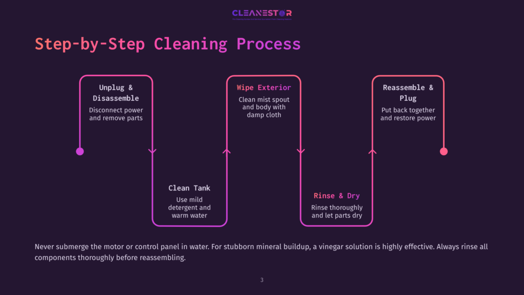 Step-By-Step Cleaning Process Infographic For A Humidifier: Unplug &Amp; Disassemble, Wipe Exterior, Reassemble &Amp; Plug, With Instructions For Cleaning The Tank And Mist Spout.