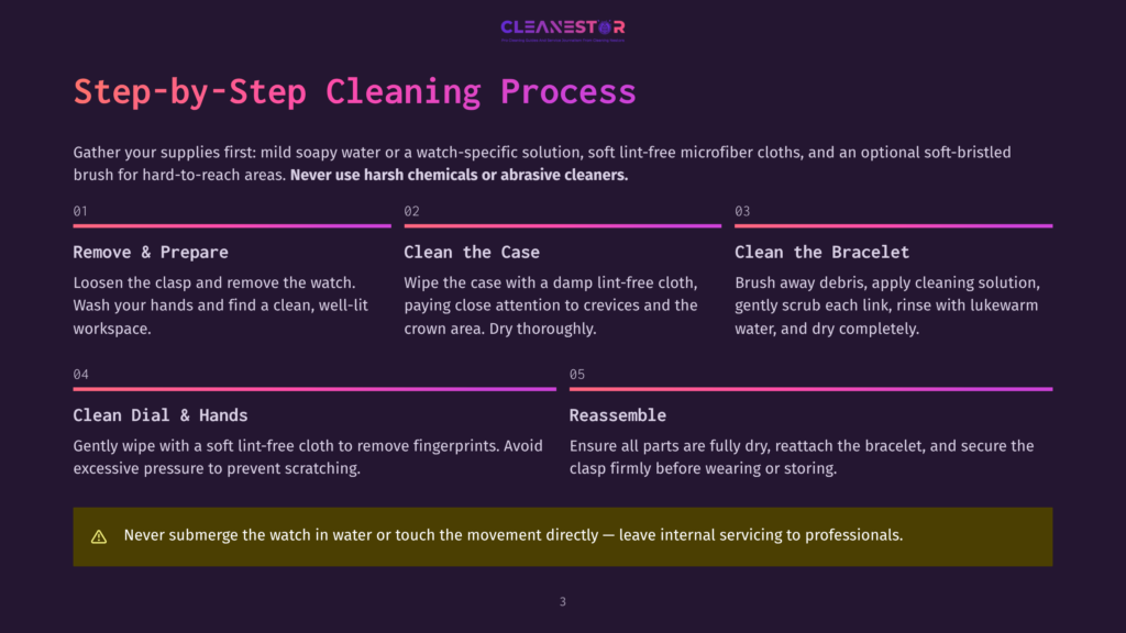 Step-By-Step Cleaning Process For A Watch. First, Gather Supplies Like Mild Soapy Water, A Soft Microfiber Cloth, And An Optional Soft-Bristled Brush. Avoid Harsh Chemicals Or Abrasive Cleaners.