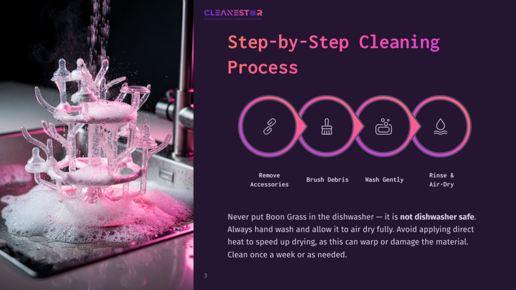 Cleanestor Step-By-Step Cleaning Process For Boon Grass Bottle Drying Rack: Remove Accessories, Brush, Wash, Rinse, Air-Dry. Pink Glowing Effect.