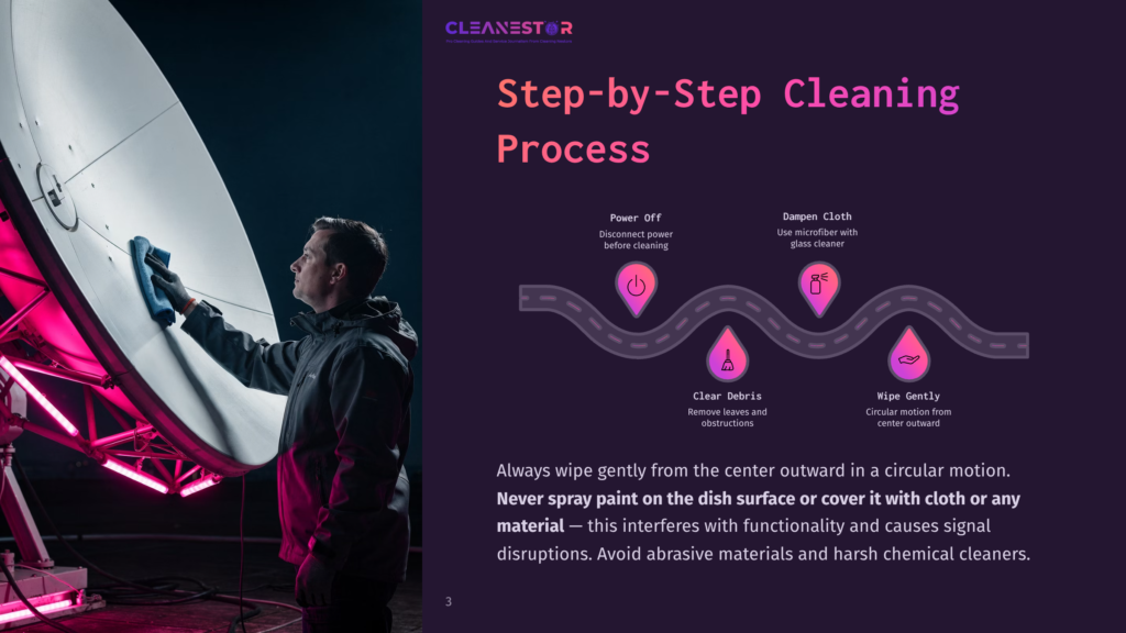 Man Cleaning A Large Satellite Dish With A Blue Cloth, Illuminated By Pink Lights. Text Overlay: &Quot;Cleanestor&Quot;, &Quot;Step-By-Step Cleaning Process&Quot;, And Cleaning Instructions.