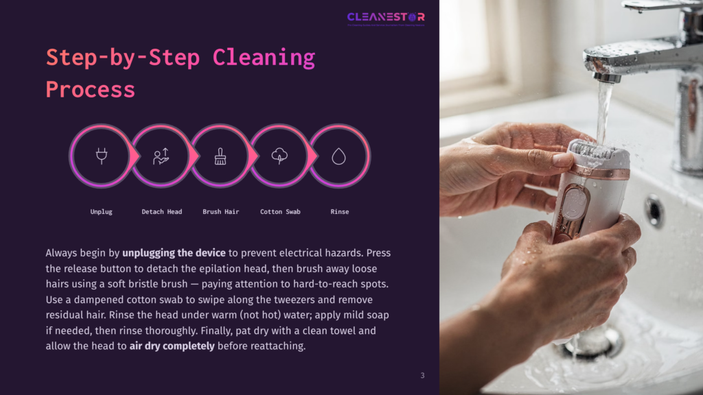 Step-By-Step Cleaning Process For A Facial Epilator: Unplug, Detach Head, Brush Hair, Cotton Swab, Rinse, Dry. Hands Rinse The Epilator Under Running Water.