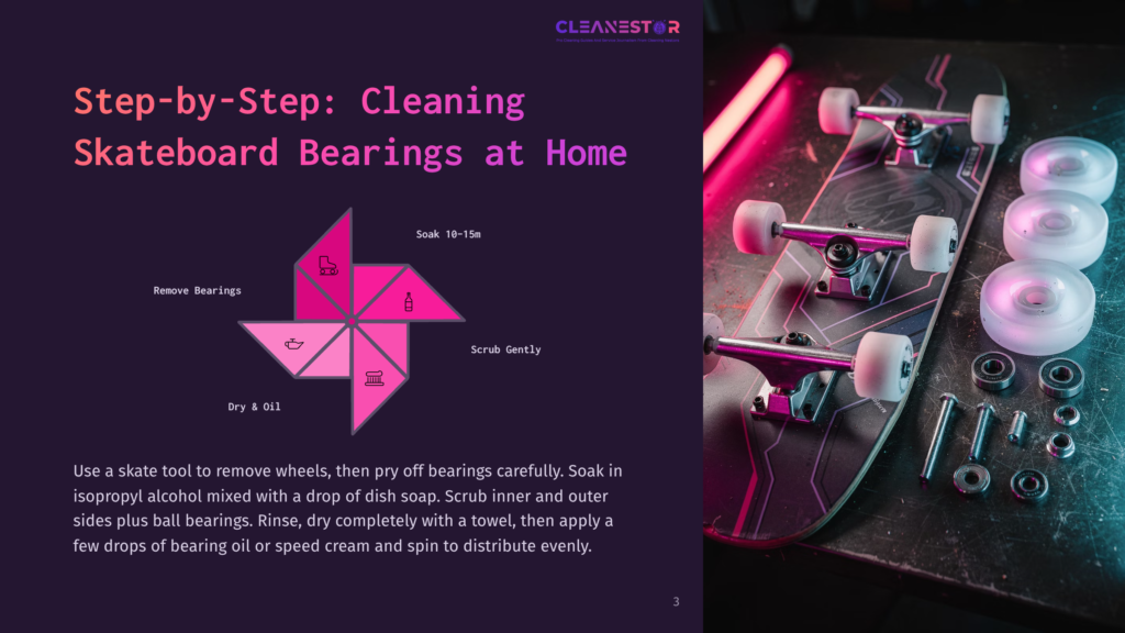 Step-By-Step Guide To Cleaning Skateboard Bearings At Home, Featuring A Diagram With Icons For Removing Bearings, Soaking, Scrubbing, And Oiling, Alongside A Photo Of Disassembled Skateboard Parts And Wheels.
