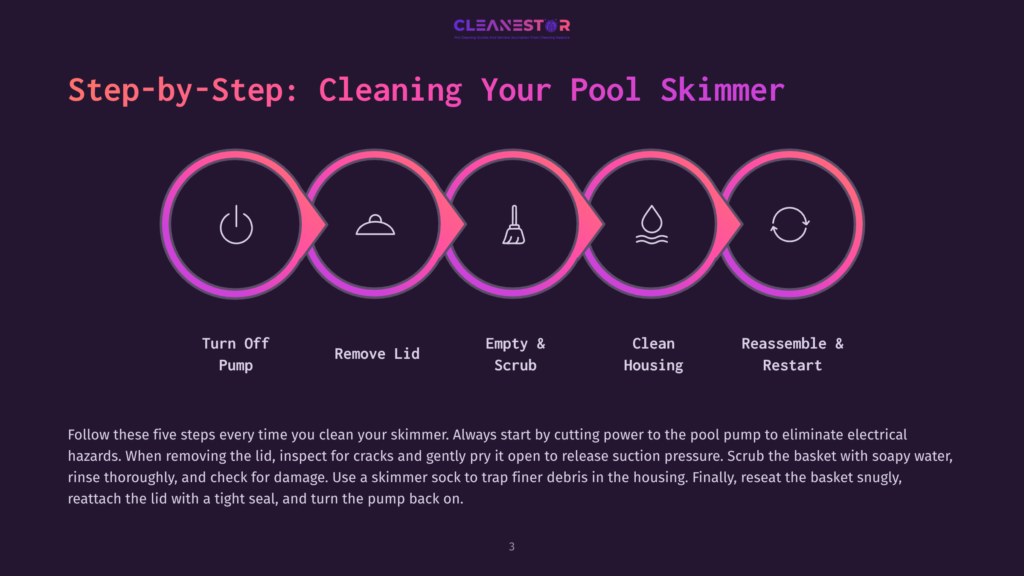 3 Step By Step Cleaning Your Pool Skimmer Step-By-Step Guide To Cleaning A Pool Skimmer: Icons For Turning Off The Pump, Removing The Lid, Emptying And Scrubbing The Basket, Cleaning The Housing, And Reassembling And Restarting The Pump.