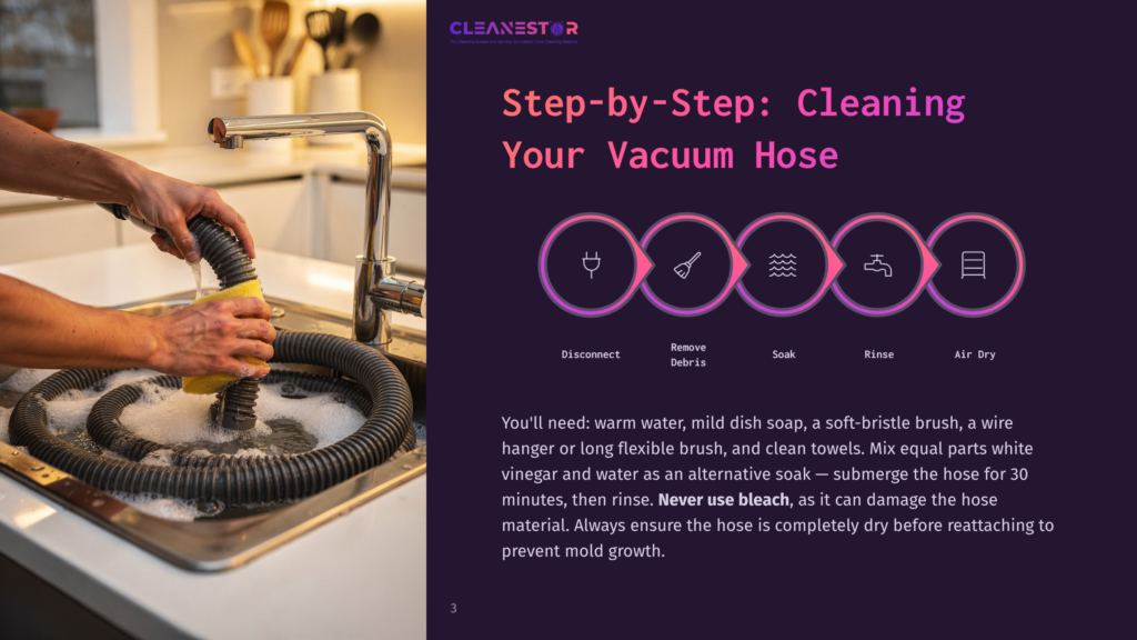 3 Step By Step Cleaning Your Vacuum Hose Close-Up Of Hands Cleaning A Black Vacuum Cleaner Hose In A Sink Filled With Soapy Water. The Text &Quot;Cleanestor&Quot; And &Quot;Step-By-Step: Cleaning Your Vacuum Hose&Quot; Is Visible.