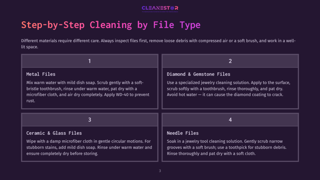 Step-By-Step Cleaning Guide For Jewelry: Metal Files, Diamond &Amp; Gemstone Files, Ceramic &Amp; Glass Files, And Needle Files. Each Section Details Cleaning Methods With Text And Icons.