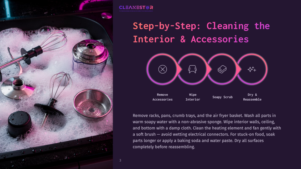Cleanestor Logo And Step-By-Step Cleaning Guide For Air Fryer Interior And Accessories: Remove, Wipe Interior, Soapy Scrub, Dry &Amp; Reassemble. A Sink Filled With Soapy Water And Cleaning Tools Is Visible.
