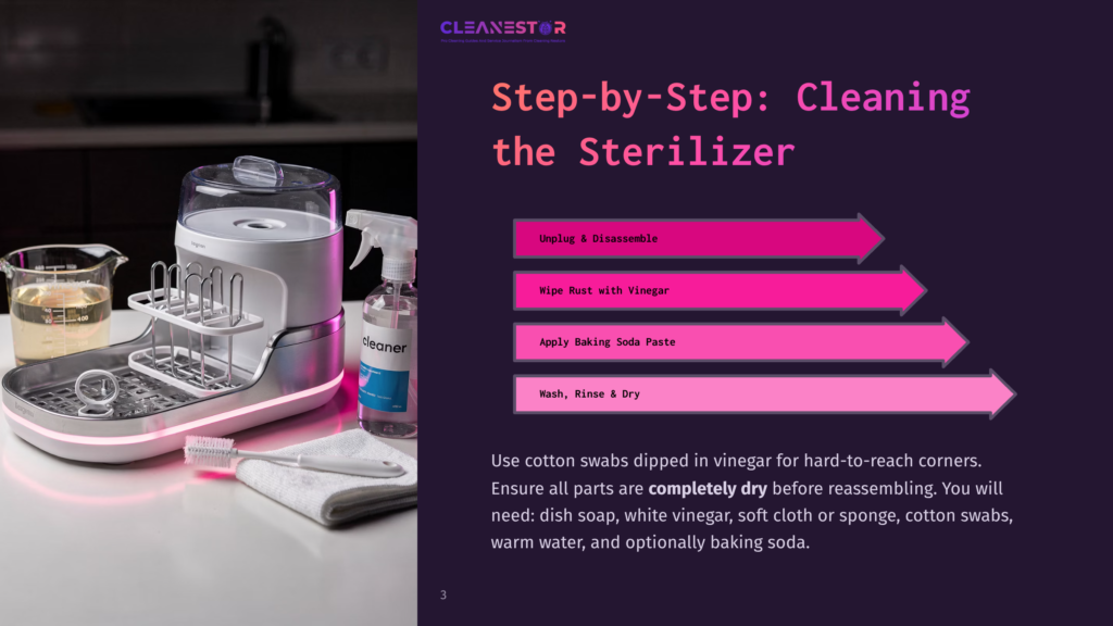 3 Step By Step Cleaning The Sterilizer A Modern Sterilizer With A Built-In Dishwasher, Standing On A Kitchen Counter With A Bottle Of Vinegar, A Bowl Of Liquid, And A Cotton Swab, Alongside A Soft Cloth. Text Instructions Are Displayed Above The Sterilizer, Detailing The Cleaning Process: Unplug &Amp; Disassemble, Wipe Rust With Vinegar, Apply Baking Soda Paste, Wash, Rinse &Amp; Dry.