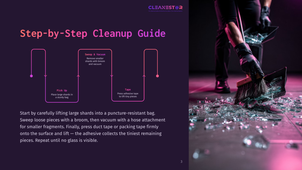 Step-By-Step Guide To Cleaning Up Broken Glass: Sweep Shards With A Broom, Vacuum Smaller Pieces, And Use Tape To Pick Up Tiny Fragments. Cleanestor Logo At The Top.