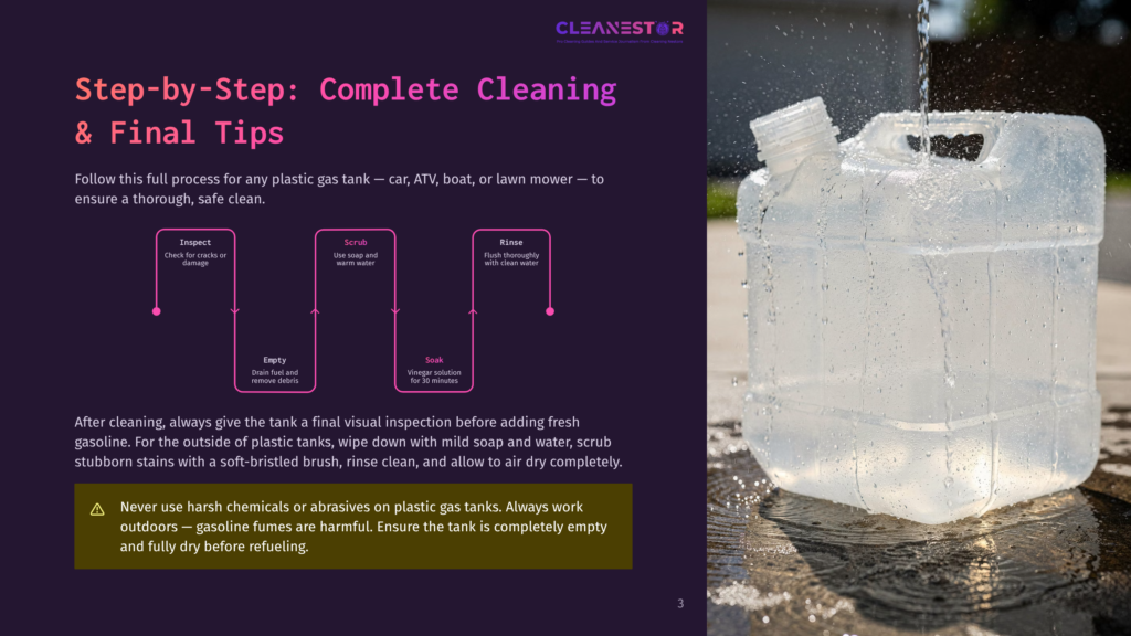 A Step-By-Step Guide On How To Clean Plastic Gas Tanks For Cars, Atvs, Boats, And Lawn Mowers. The Infographic Shows Three Main Steps: Inspect, Scrub, And Rinse, With Detailed Instructions For Each. It Also Includes A Warning About Using Harsh Chemicals.