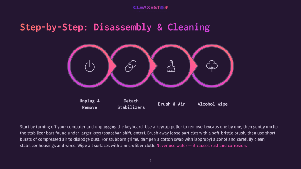 Step-By-Step Guide To Keyboard Disassembly And Cleaning, Featuring Icons For Unplugging, Detaching, Brushing, And Alcohol Cleaning. Includes Text: &Quot;Step-By-Step: Disassembly &Amp; Cleaning&Quot;, &Quot;Unplug &Amp; Remove&Quot;, &Quot;Detach Stabilizers&Quot;, &Quot;Brush &Amp; Air&Quot;, &Quot;Alcohol Wipe&Quot;.