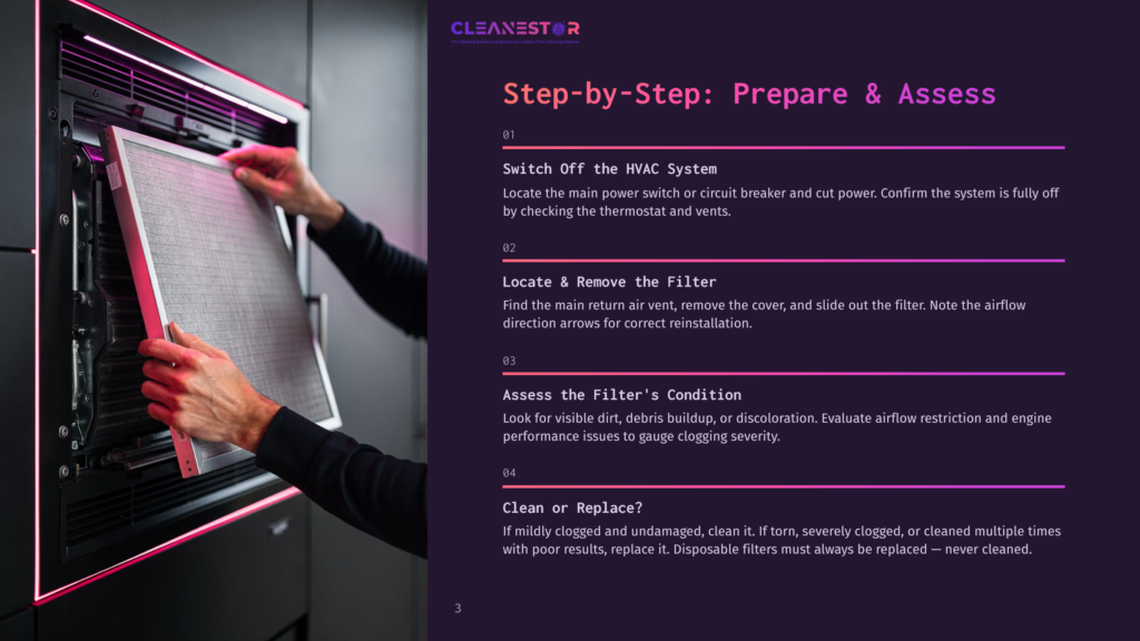 Cleanestor Logo And Step-By-Step Guide To Preparing And Assessing Hvac Filters, With A Man Removing A Filter From A Furnace.