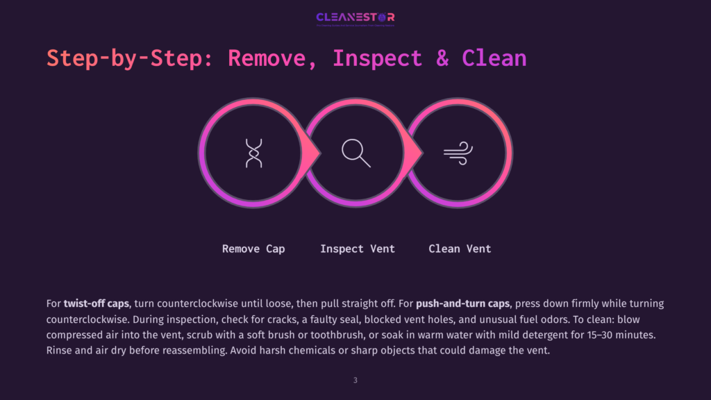 Infographic Showing A Three-Step Process For Cleaning A Vent: Remove Cap, Inspect Vent, Clean Vent. The Steps Are Illustrated With Icons And Accompanied By Detailed Instructions Below.