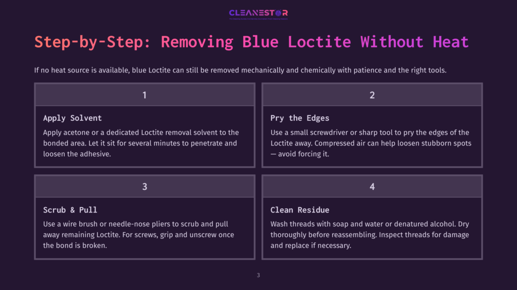Step-By-Step Guide To Removing Blue Loctite Without Heat, Featuring Four Numbered Panels: Apply Solvent, Pry The Edges, Scrub &Amp; Pull, And Clean Residue.