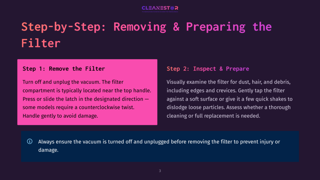 Cleanestor Logo With Text &Quot;Step-By-Step: Removing &Amp; Preparing The Filter&Quot;. Instructions Include &Quot;Step 1: Remove The Filter&Quot; And &Quot;Step 2: Inspect &Amp; Prepare&Quot;, With Safety Warning About Unplugging The Vacuum.