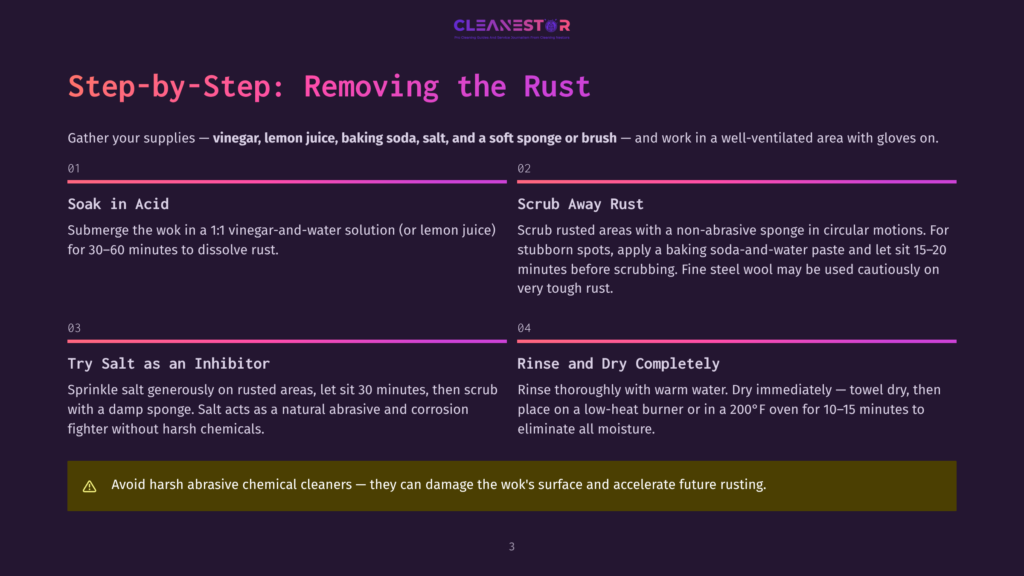 Step-By-Step Guide For Removing Rust From A Wok: Soak In Acidic Solution, Scrub With Baking Soda Paste, Treat With Salt, And Rinse Clean. Warning: Avoid Harsh Chemicals.