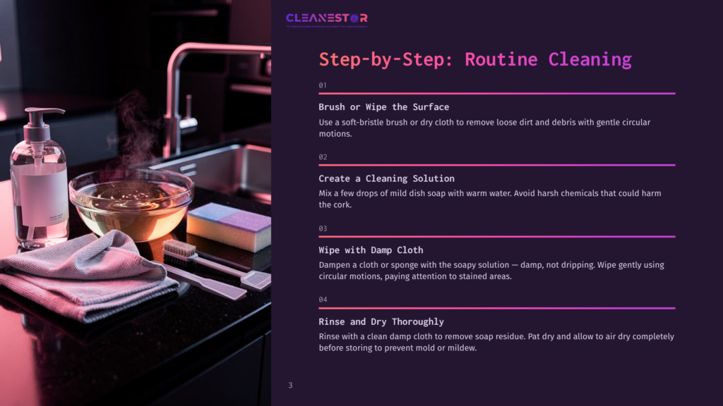 Cleanestor Step-By-Step Routine Cleaning Guide: A Sink Area With A Soap Dispenser, A Bowl Of Soapy Water, Brushes, And A Sponge On A Dark Countertop, With Steam Rising From The Water.