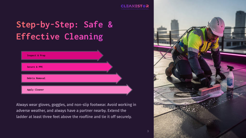 3 Step By Step Safe And Effective Cleaning A Professional Cleaner Wearing A Reflective Vest And Hard Hat, Kneeling And Scrubbing A Rooftop With A Brush. Behind Him, A Pink And White Infographic Lists Cleaning Steps. Text Reads, &Quot;Inspect &Amp; Prep, Secure &Amp; Ppe, Debris Removal, Apply Cleaner.&Quot; The Cleaner Is Surrounded By Cleaning Supplies And A City Skyline.