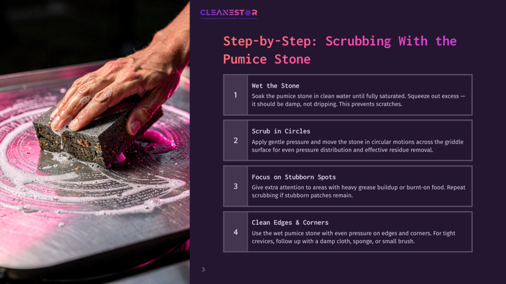 Step-By-Step Guide To Scrubbing With A Pumice Stone: A Hand Wets A Pumice Stone And Applies It To A Griddle, Demonstrating Cleaning Techniques.