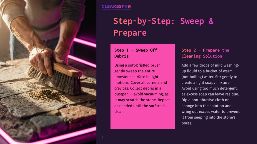 Close-Up Of Hands Using A Stiff-Bristled Brush To Sweep Debris From Textured Stone Patio, With Pink Neon Lights In The Background.