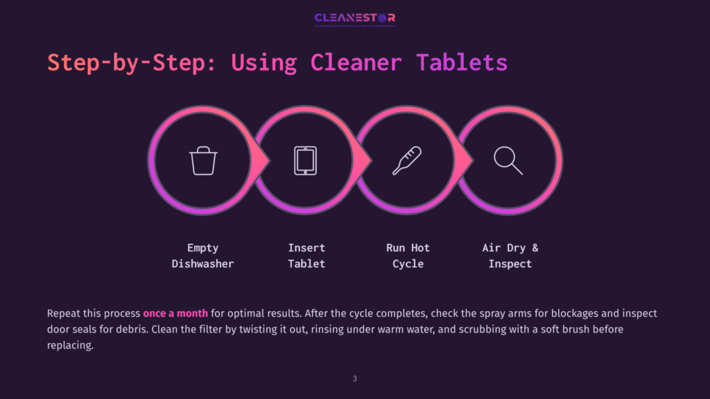 3 Step By Step Using Cleaner Tablets Step-By-Step Guide On How To Use Cleaner Tablets In A Dishwasher: Empty Dishwasher, Insert Tablet, Run Hot Cycle, Air Dry And Inspect. Clean Filter With Warm Water And A Soft Brush.