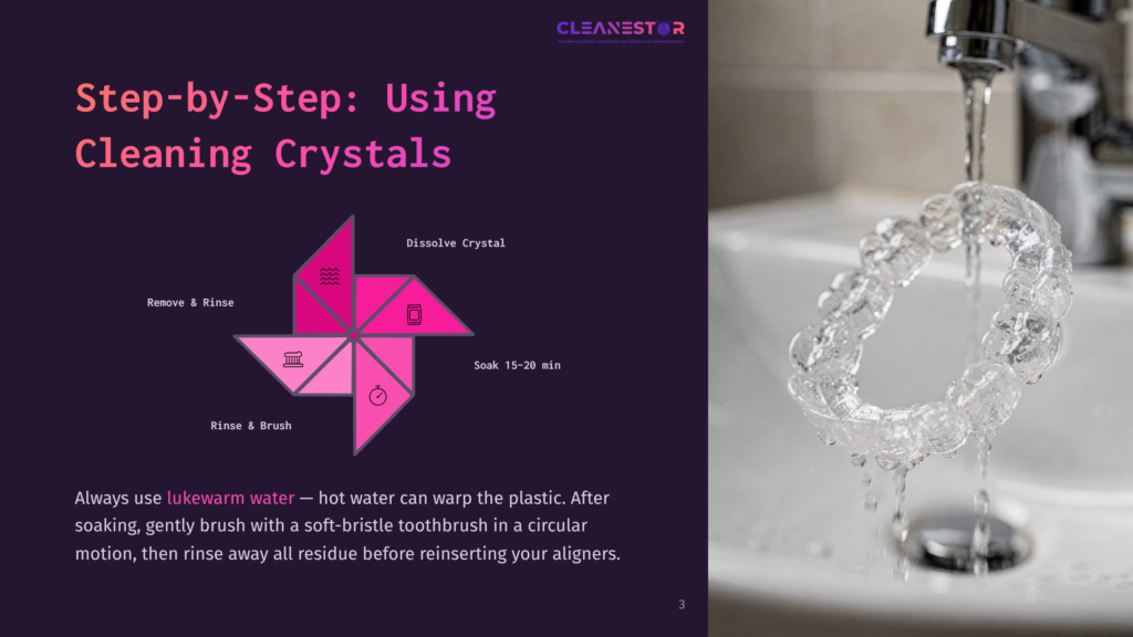 Diagram Showing Step-By-Step Instructions For Using Cleaning Crystals For Aligners: Remove &Amp; Rinse, Soak 15-20 Min, Dissolve Crystal, And Rinse &Amp; Brush. Text Advises Using Lukewarm Water.