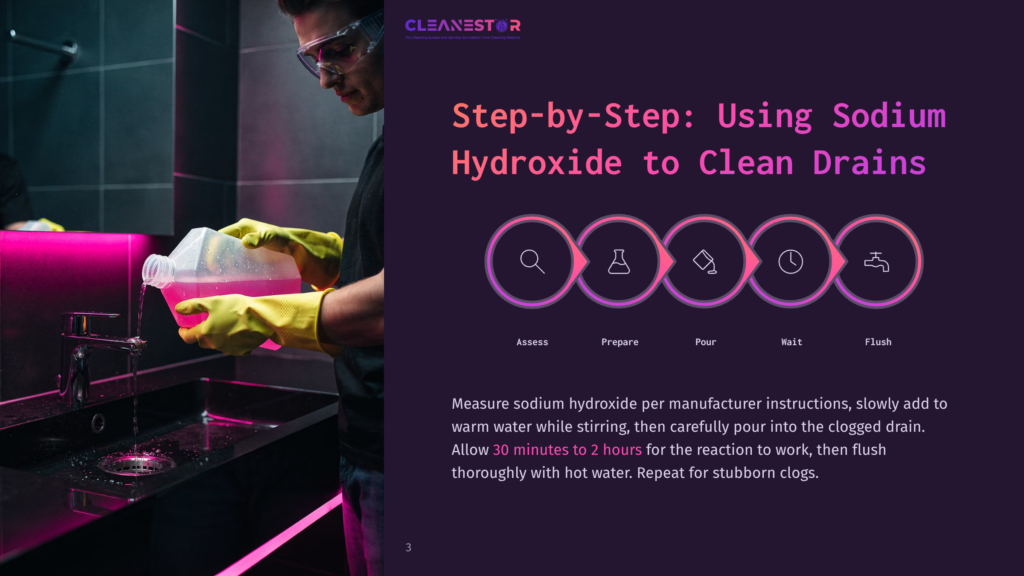 Man In Yellow Gloves Pours Pink Liquid From A Large Plastic Jug Into A Sink, With A Graphic Illustrating Step-By-Step Instructions For Using Sodium Hydroxide To Clean Drains.