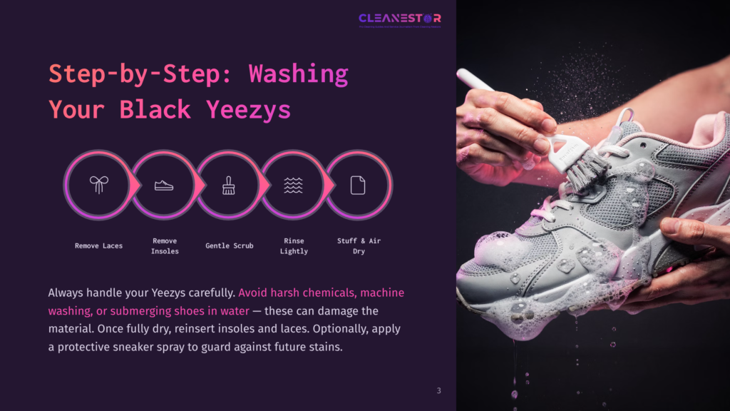 Step-By-Step Guide To Washing Black Yeezys: Icons For Removing Laces, Insoles, Scrubbing, Rinsing, And Drying. A Hand Is Shown Cleaning A Grey Sneaker With A Brush And Soap Suds.