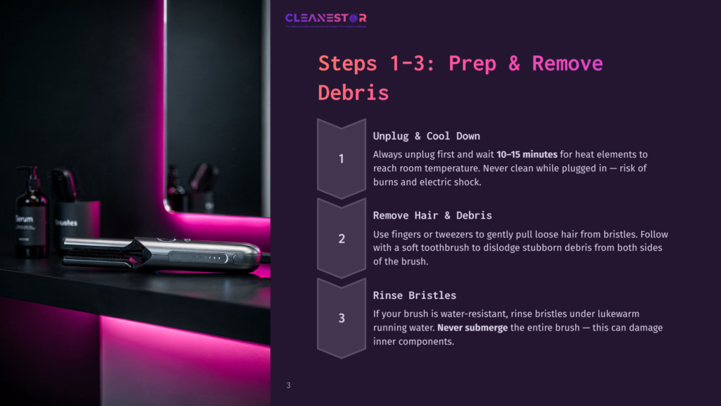 Cleanestor Instructions For Cleaning Hair Brushes: Unplug &Amp; Cool Down, Remove Hair &Amp; Debris, Rinse Bristles. The Image Shows A Hair Tool On A Black Surface With Pink Lighting.