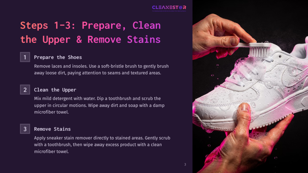 3 Steps 1 3 Prepare Clean The Upper And Remove Stains Close-Up Of Hands Cleaning White Nike Air Force 1 Sneakers With A Toothbrush And Cleaning Solution, Showing Detailed Steps For Preparing And Removing Stains.