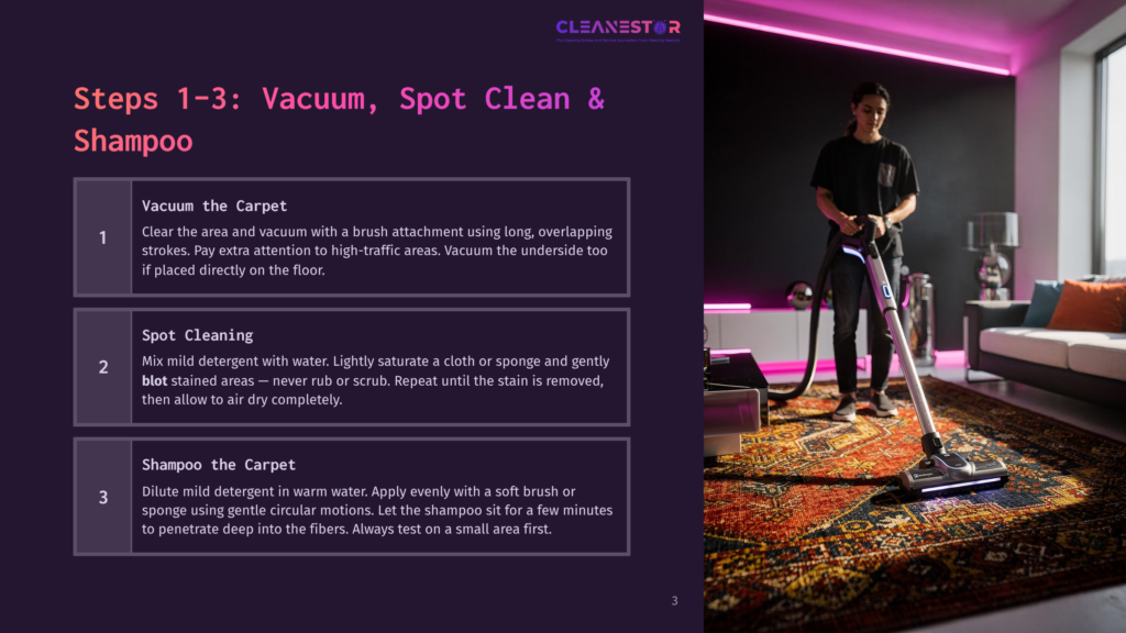 A Person Vacuums A Patterned Carpet With A Cleanestor Carpet Cleaner, Demonstrating Steps 1-3: Vacuum The Carpet, Spot Cleaning, And Shampoo The Carpet.