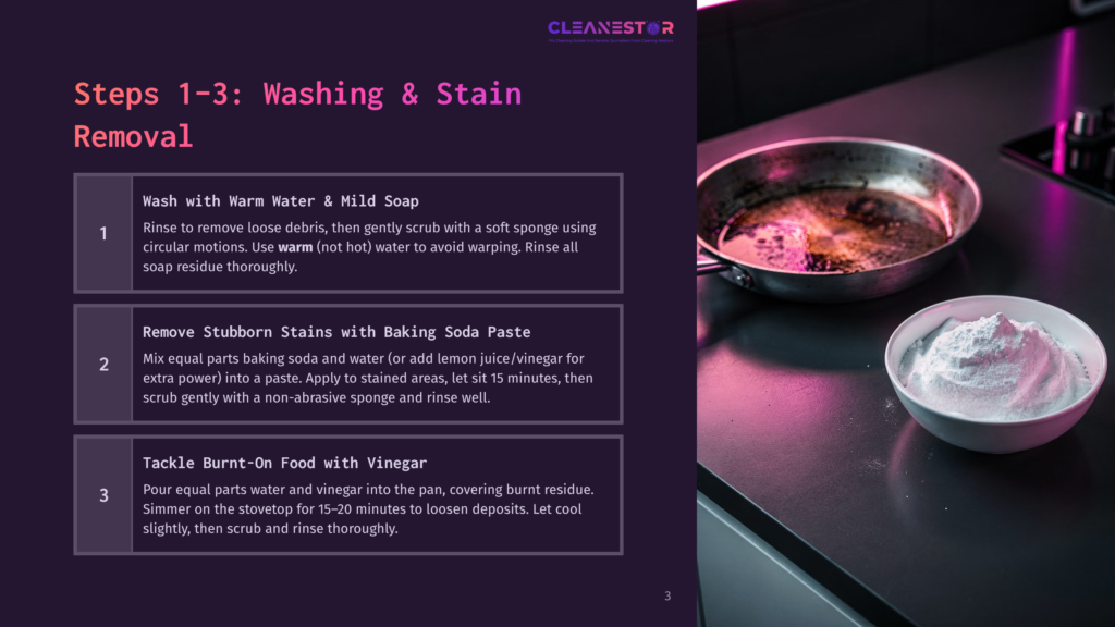 Steps 1-3 For Cleaning Burnt-On Food From Cookware: Rinse With Warm Water And Mild Soap, Remove Stubborn Stains With A Baking Soda Paste, And Tackle Burnt-On Food With Vinegar. A Frying Pan With A Pinkish Residue And A Bowl Of White Baking Soda Are Pictured.