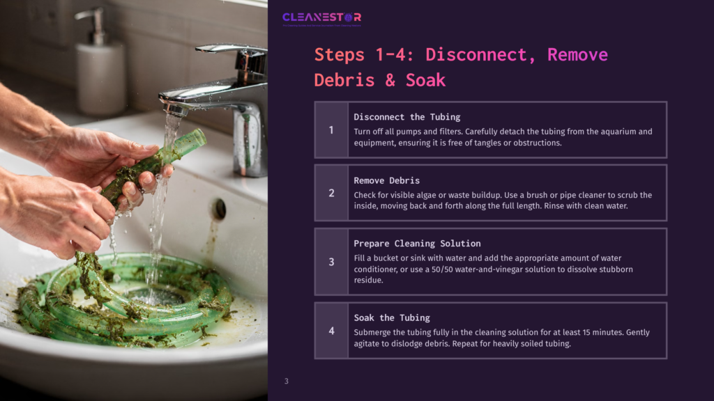 Hands In A Sink Rinsing A Green Aquarium Tubing With Debris And Algae. Instructions: 1. Disconnect Tubing, 2. Remove Debris, 3. Prepare Cleaning Solution, 4. Soak Tubing.