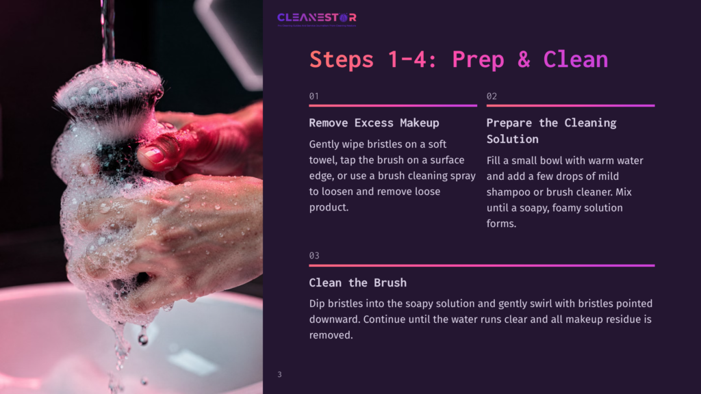 Steps 1-4: Prep And Clean. Step 1: Remove Excess Makeup By Gently Wiping Bristles On A Soft Towel. Step 2: Prepare A Cleaning Solution By Filling A Bowl With Warm Water And Adding Mild Shampoo Or Brush Cleaner Until A Foamy Solution Forms. Step 3: Clean The Brush By Dipping Bristles Into The Solution And Swirling Gently, Continuing Until Water Runs Clear And All Makeup Residue Is Removed.